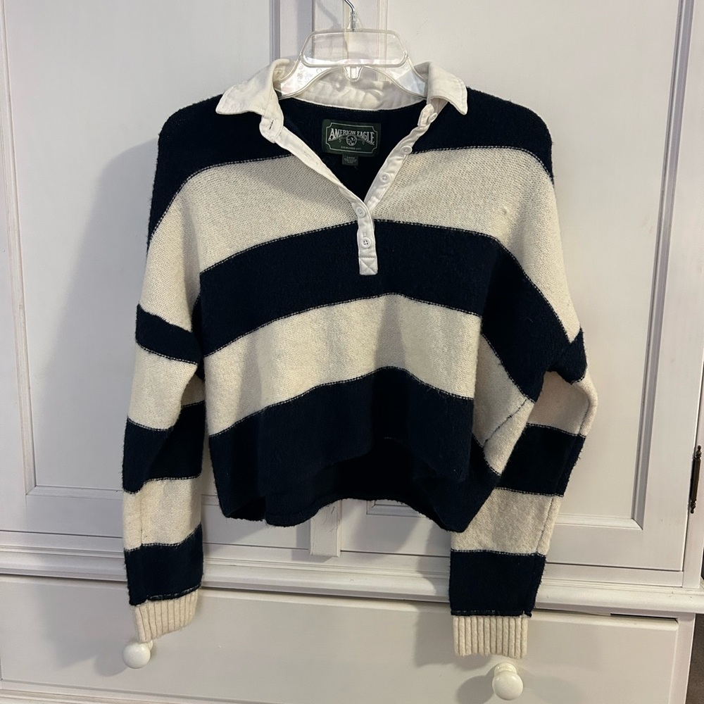 American Eagle Outfitters Navy and Cream Striped Pullover